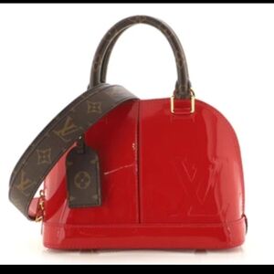 Louis Vuitton Red Shoulder Bag with Curved Brown Handle